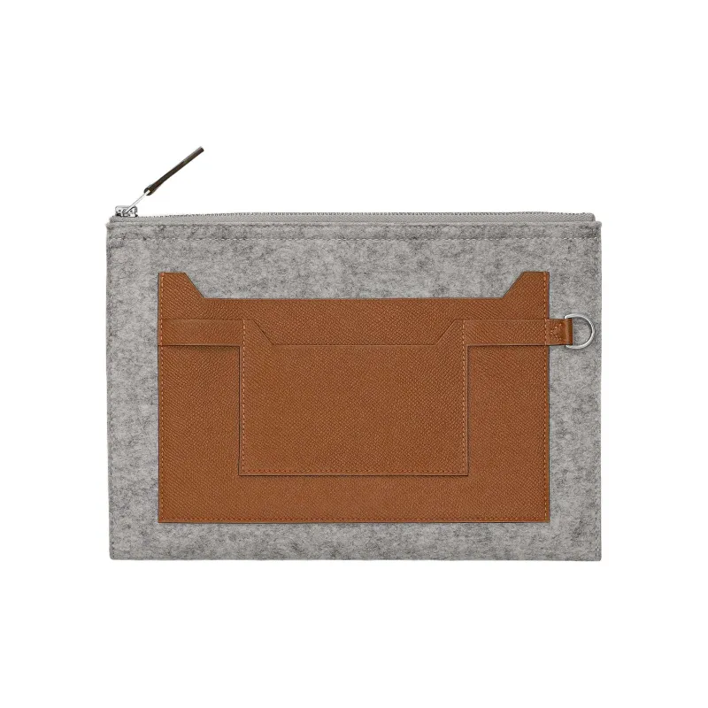 HERMES Toodoo Wool Felt With Epsom Calfskin Clutch Men's Gray/Brown-0