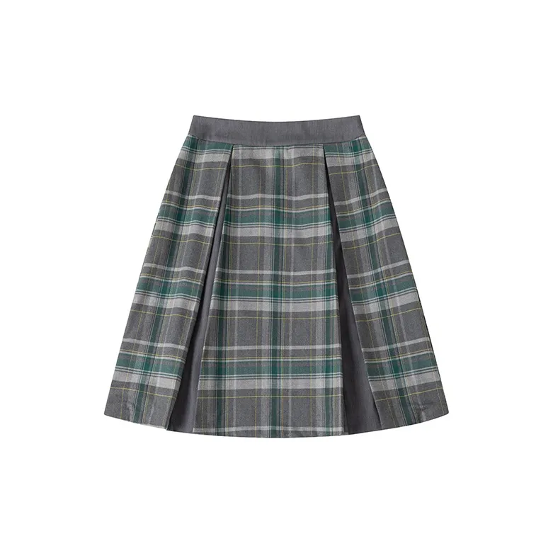 UNRETRO Casual Short Skirts Women's Gray Green Plaid-1