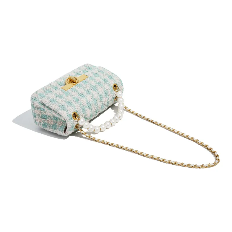 Miss Kung Fabric Velvet Bag Small Square Bag Chain Bag Pearl Bag Shoulder Bag Crossbody Bag Regular Women's Light Blue-3