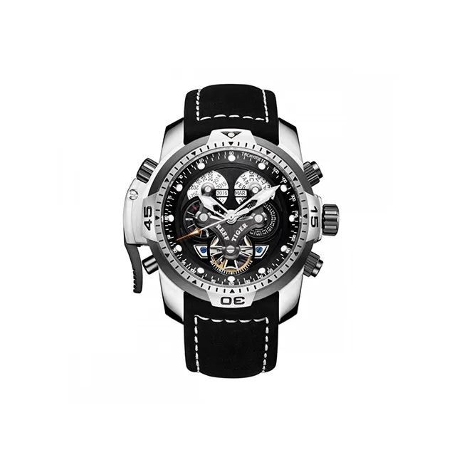 REEF TIGER Aurora Automatic/Manual Mechanical Movement Steel Strap Watch Men's Watches Black Dial-0