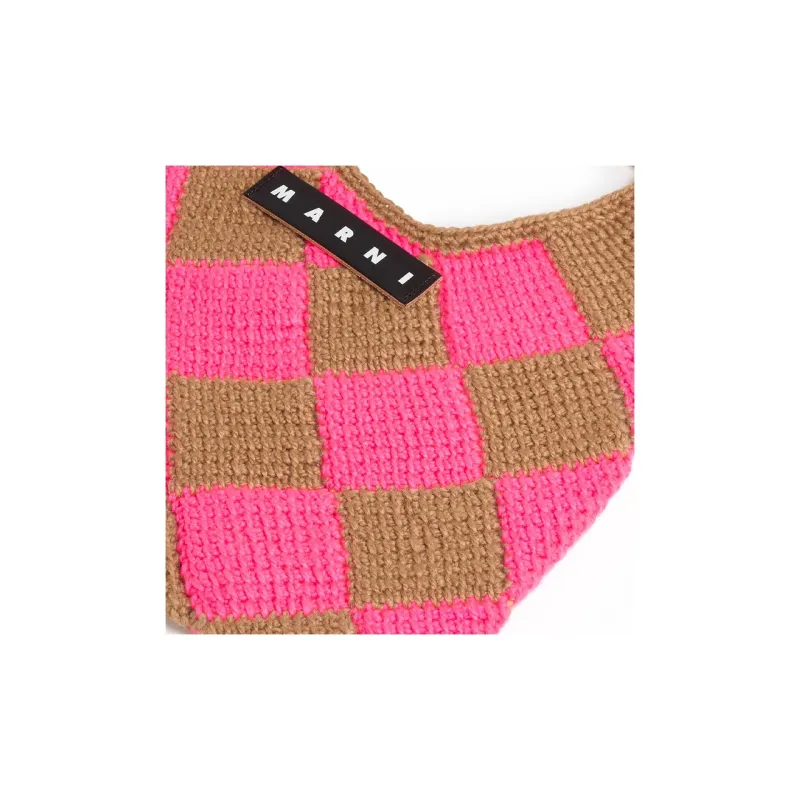 MARNI Acrylic Knitted Fabric With Cow Leather Basket Bag Handbag Medium Size Women's Brown/Pink-3