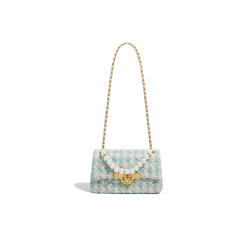 Miss Kung Fabric Velvet Bag Small Square Bag Chain Bag Pearl Bag Shoulder Bag Crossbody Bag Regular Women's Light Blue-1