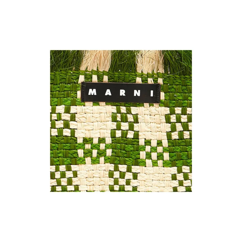 MARNI Palm Fiber With Cow Leather Basket Bag Handbag Trumpets Women's Green/Natural-4