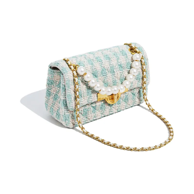 Miss Kung Fabric Velvet Bag Small Square Bag Chain Bag Pearl Bag Shoulder Bag Crossbody Bag Regular Women's Light Blue-4