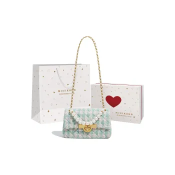Miss Kung Fabric Velvet Bag Small Square Bag Chain Bag Pearl Bag Crossbody Bag Regular Women's Light Blue