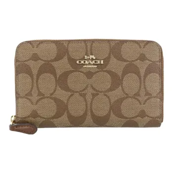 COACH Zip Around Coated Canvas Coin Pocket ID Card Holder Wallet Women's Khaki