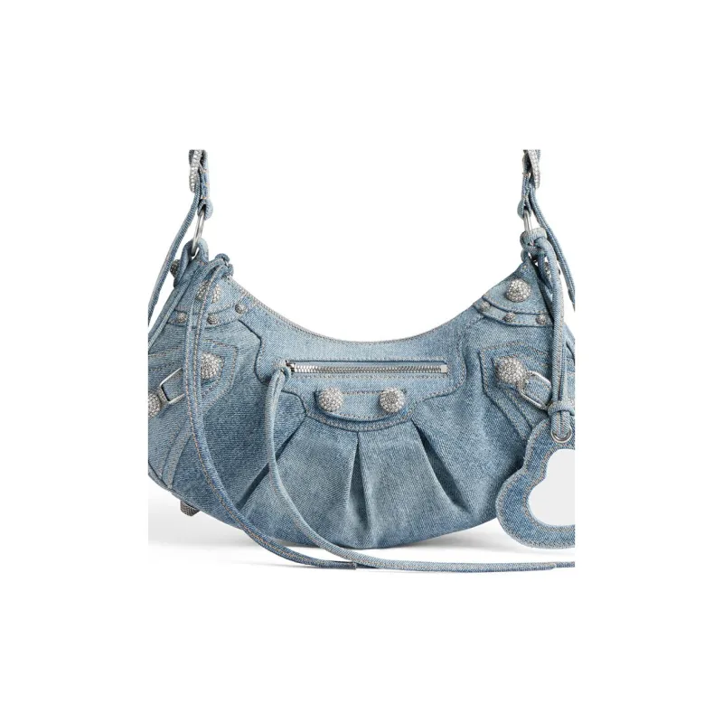 Balenciaga Le Cagole Shoulder Bag Small Blue Denim Wash With Rhinestones-4