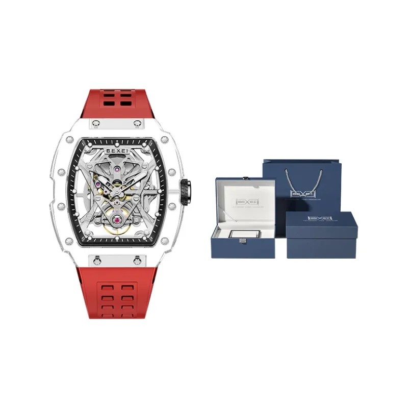 BEXEI Rin Chie Collection Automatic Mechanical Movement Rubber Strap Watch Men's Watches Cut Out Dial-8