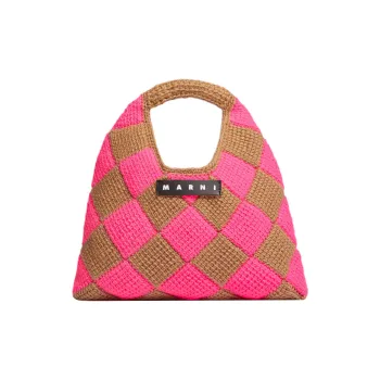 MARNI Acrylic Knitted Fabric With Cow Leather Basket Bag Handbag Medium Size Women's Brown/Pink