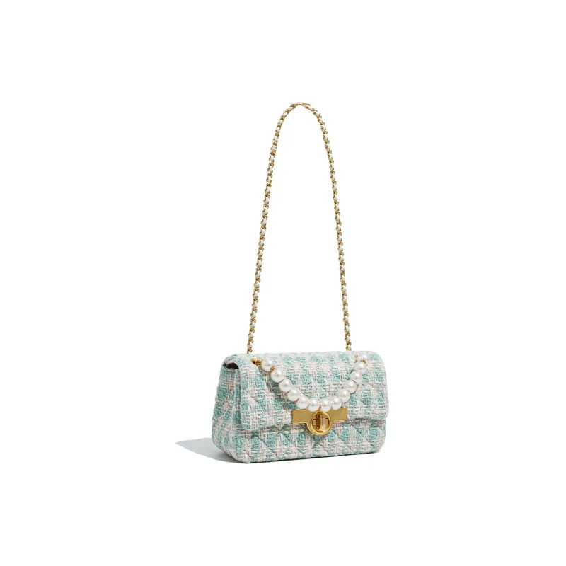 Miss Kung Fabric Velvet Bag Small Square Bag Chain Bag Pearl Bag Shoulder Bag Crossbody Bag Regular Women's Light Blue-2