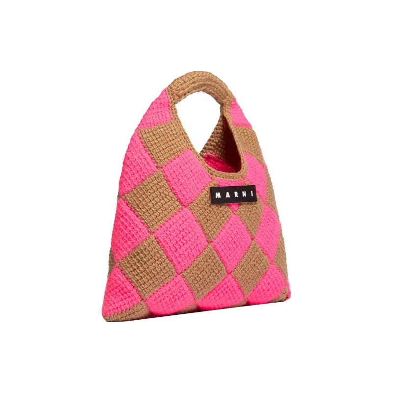MARNI Acrylic Knitted Fabric With Cow Leather Basket Bag Handbag Medium Size Women's Brown/Pink-1