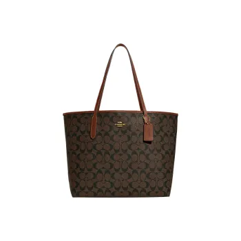 COACH City Canvas With Leather Tote Bag Shopping Bag Shoulder Bag Handbag Large Size Women's Brown & Redwood
