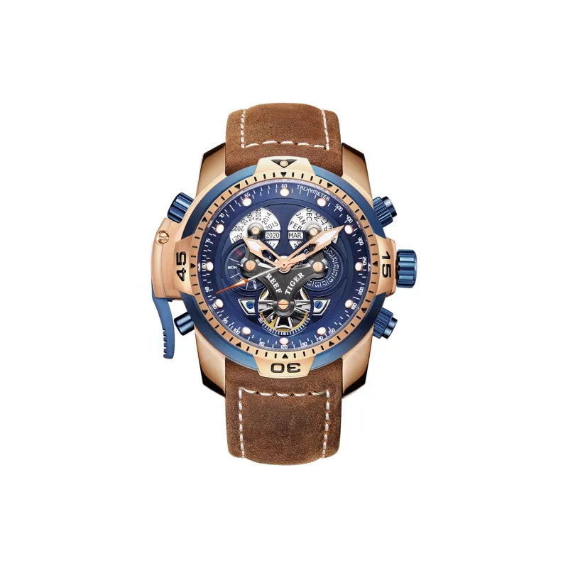 REEF TIGER Automatic Mechanical Movement Genuine Leather Strap Watch Men's Watches Black Dial-0