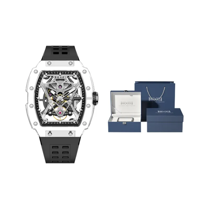 BEXEI Rin Chie Collection Automatic Mechanical Movement Rubber Strap Watch Men's Watches Cut Out Dial-0