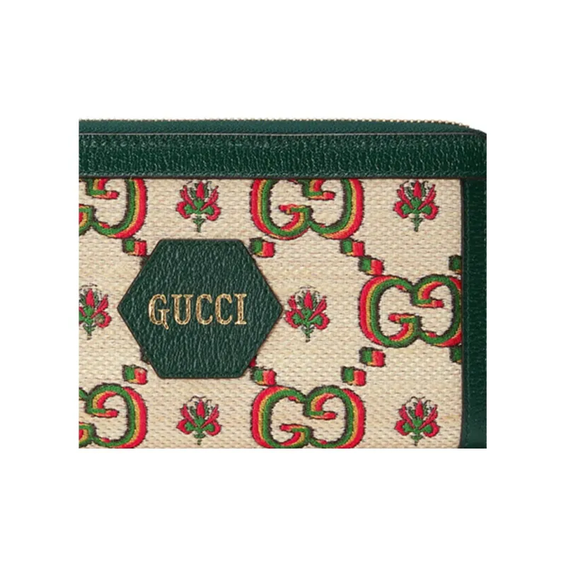 GUCCI Leather Long Zip Closure Wallets Unisex Beige/Green-5