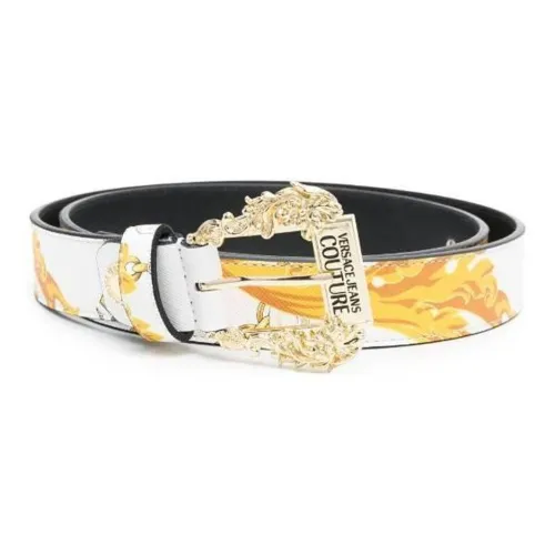 VERSACE JEANS COUTURE Pattern Pin Buckle Leather Belts Women's White/Yellow
