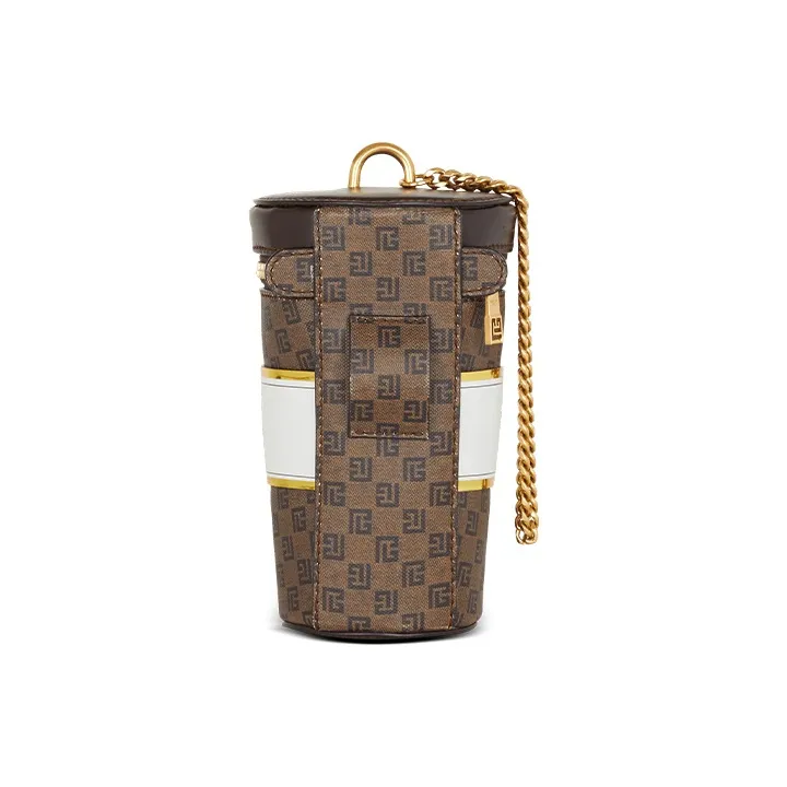 BALMAIN Oilcloth And Smooth Leather Evening Party Clutch Mini Women's Brown-2