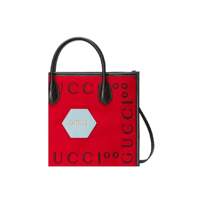 GUCCI Felt Patchwork Tote Bag Shopping Bag Shoulder Bag Crossbody Bag Handbag Small Size Unisex Begonia Red/Black-4