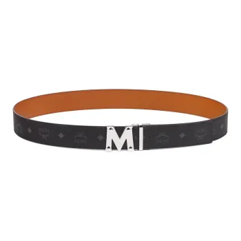 MCM Logo Patterned Print Classic M Letter Logo Smooth Buckle Leather Canvas Leather Belts Men's Black Width 4.5CM