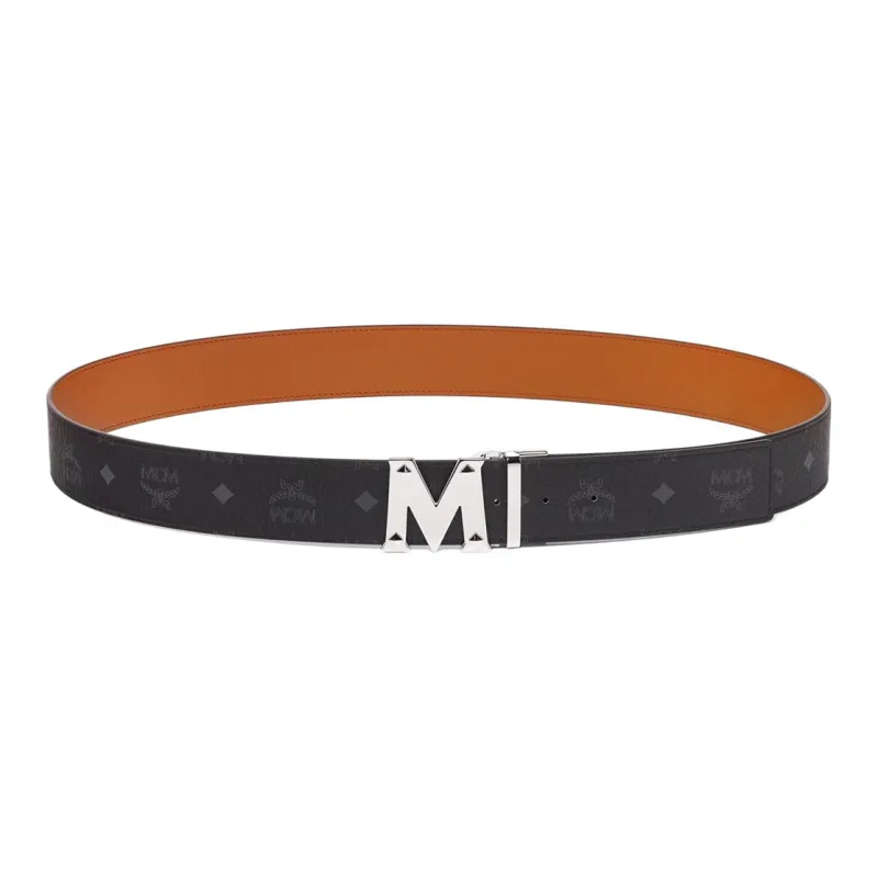 MCM Logo Patterned Print Classic M Letter Logo Smooth Buckle Leather Canvas Leather Belts Men's Black Width 4.5CM-0