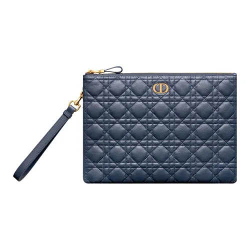 DIOR Caro Cow Leather Portable Clutch Large Size Women's Deep Sea Blue