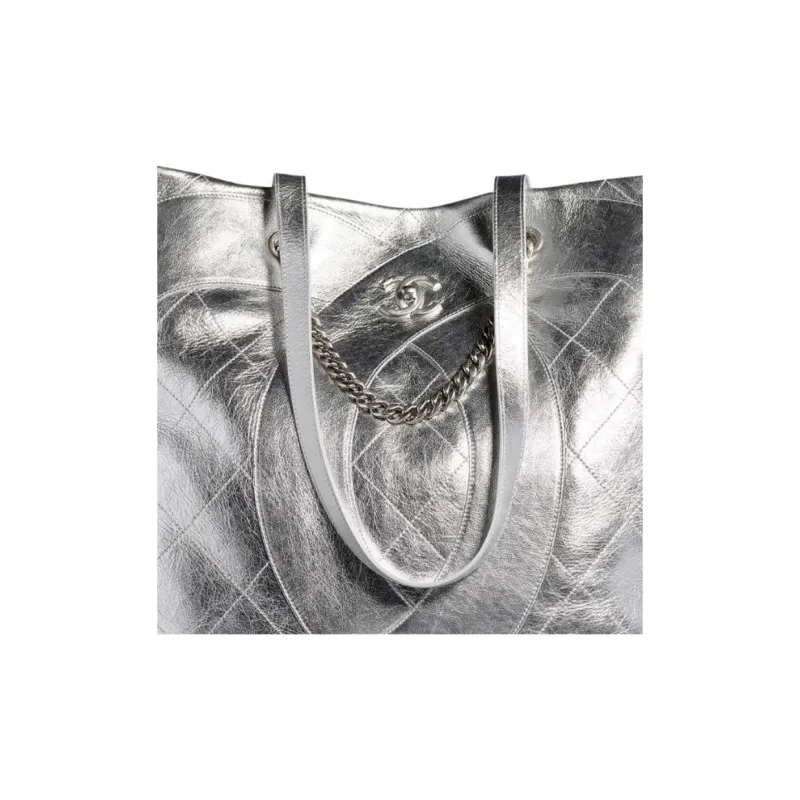 CHANEL 23C Early Spring Cow Leather Tote Bag, Shopping Bag, Handbag, Shoulder Bag Unisex Silver-1
