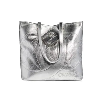 CHANEL 23C Early Spring Cow Leather Tote Bag, Shopping Bag, Handbag, Shoulder Bag Unisex Silver