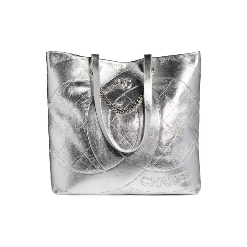 CHANEL 23C Early Spring Cow Leather Tote Bag, Shopping Bag, Handbag, Shoulder Bag Unisex Silver-0