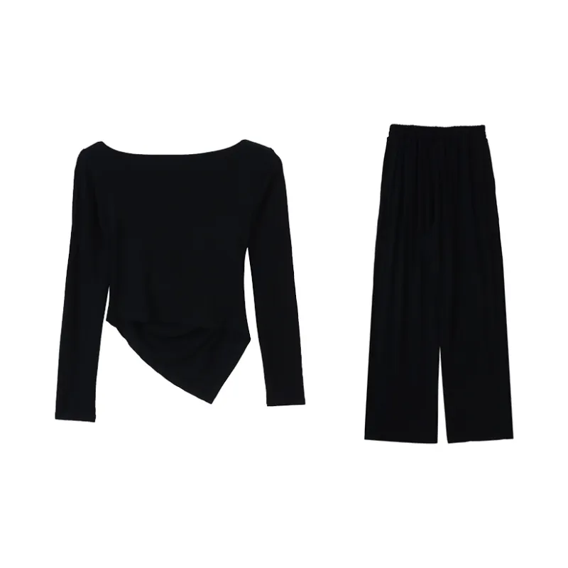 MIMOSA CHUR Knitted Fabric Long-Sleeved Loose Fit Top Comfortable Soft Pants Set Women's-1