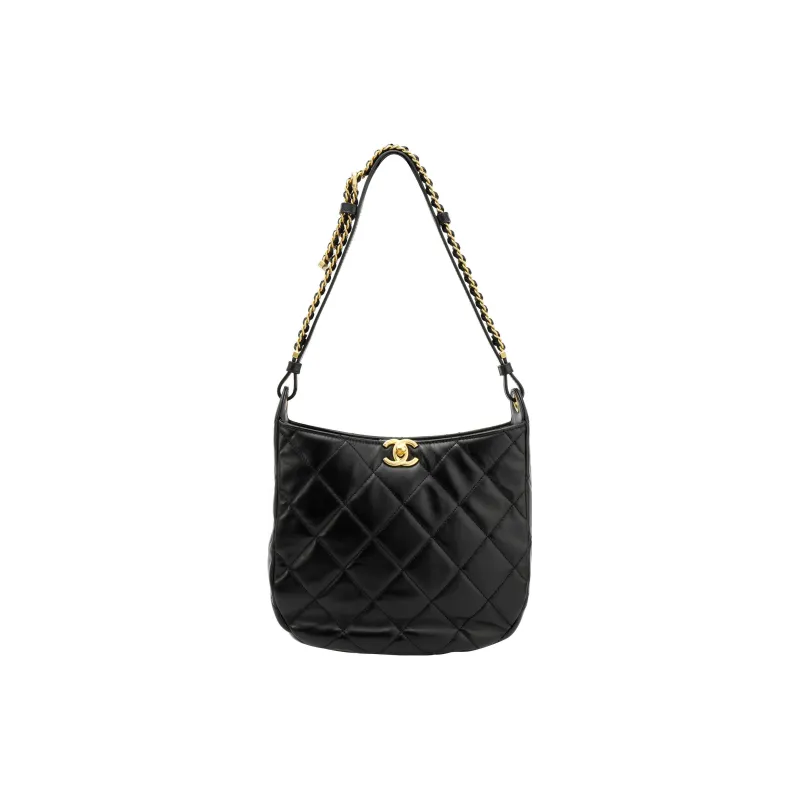 CHANEL Lambskin Hobo Bag, Hippie Bag, Handbag, Shoulder Bag Women's Black-1