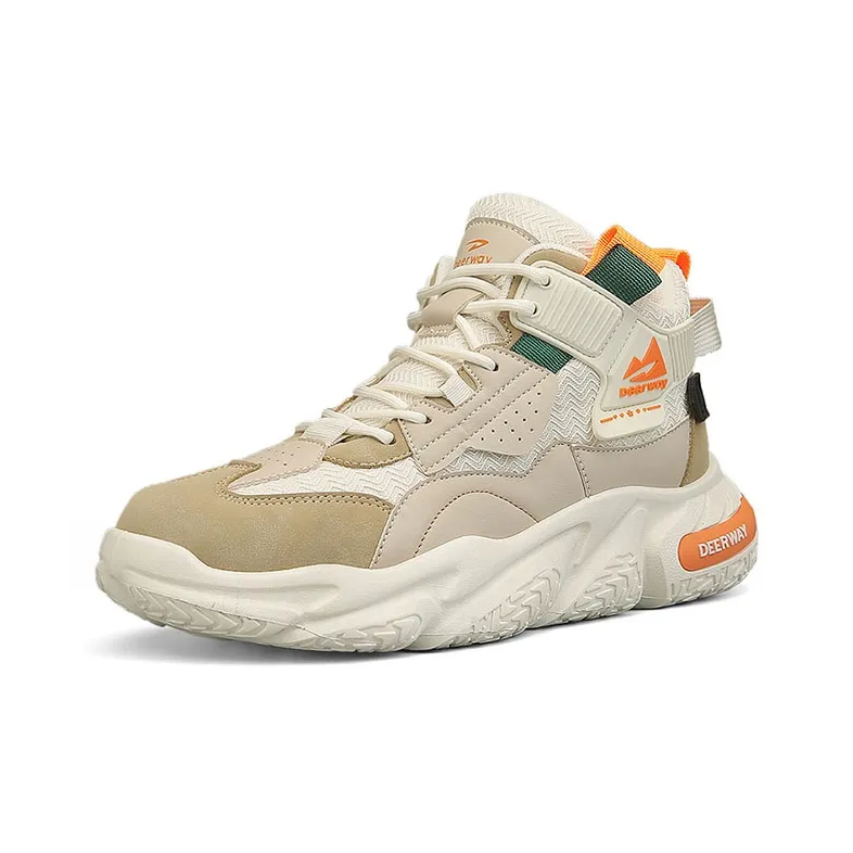 DEERWAY Durable Breathable Mid Top Casual Shoes Men's Beige Apricot-1
