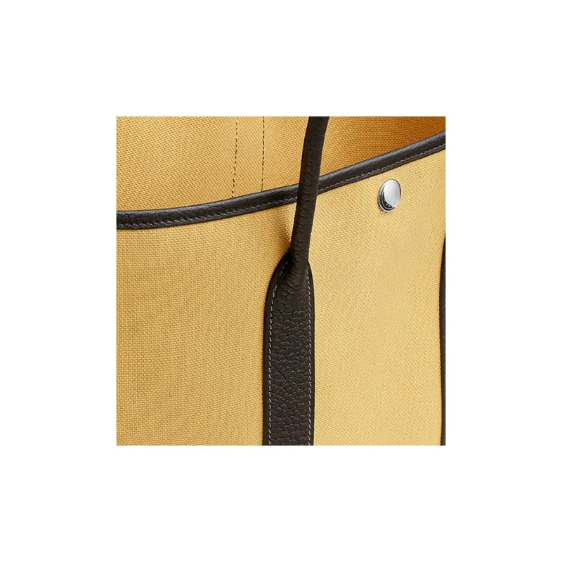 HERMES Garden Canvas With Leather Garden Bag Canvas Bag Handbag Unisex Straw Yellow/Black Wood Color-2