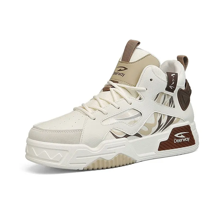 DEERWAY Durable Breathable High Top Skateboard Shoes Men's Beige Brown-1