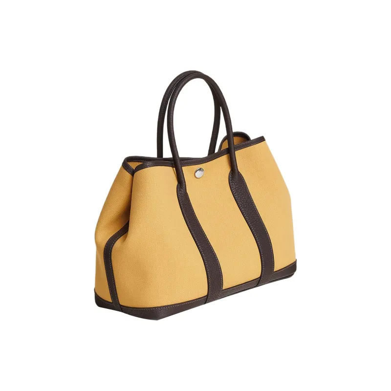 HERMES Garden Canvas With Leather Garden Bag Canvas Bag Handbag Unisex Straw Yellow/Black Wood Color-1