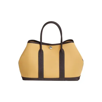 HERMES Garden Canvas With Leather Garden Bag Canvas Bag Handbag Unisex Straw Yellow/Black Wood Color