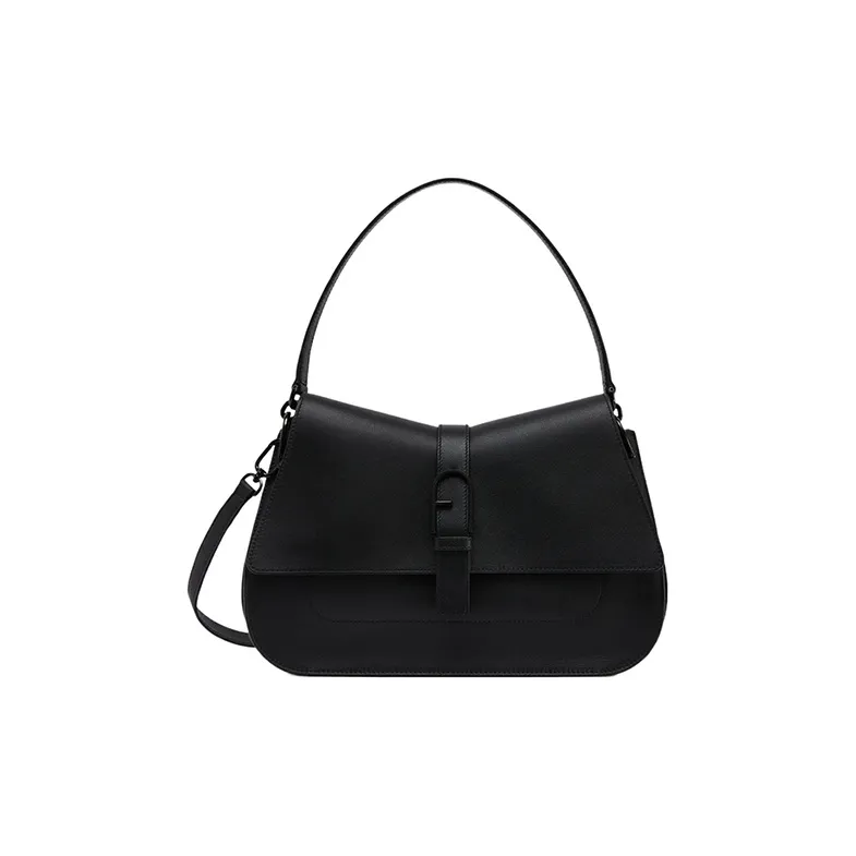 Furla Calfskin Shoulder Bag Crossbody Bag Handbag Large Size Women's Black-0