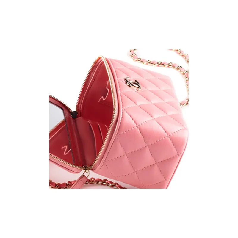 CHANEL 22A Early Autumn Sheepskin Square Box, Long Box, Makeup Box, Handbag Women's Pink-4