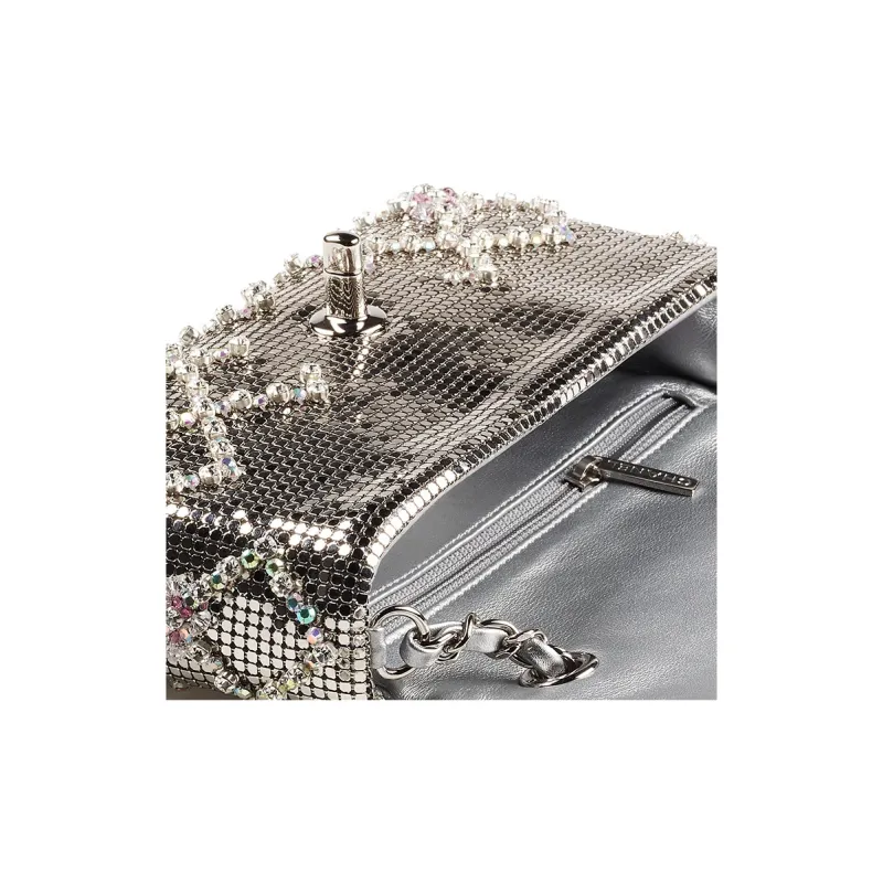 CHANEL Embroidered Rhinestone And Silver Metal Flap Bag, Crossbody Bag, Shoulder Bag Mini Women's Silver-3