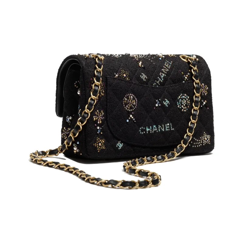 CHANEL Classic Flap CF Twill Soft Woolen With Rhinestone Patchwork Shoulder Bag, Crossbody Bag Trumpets Women's Black-2