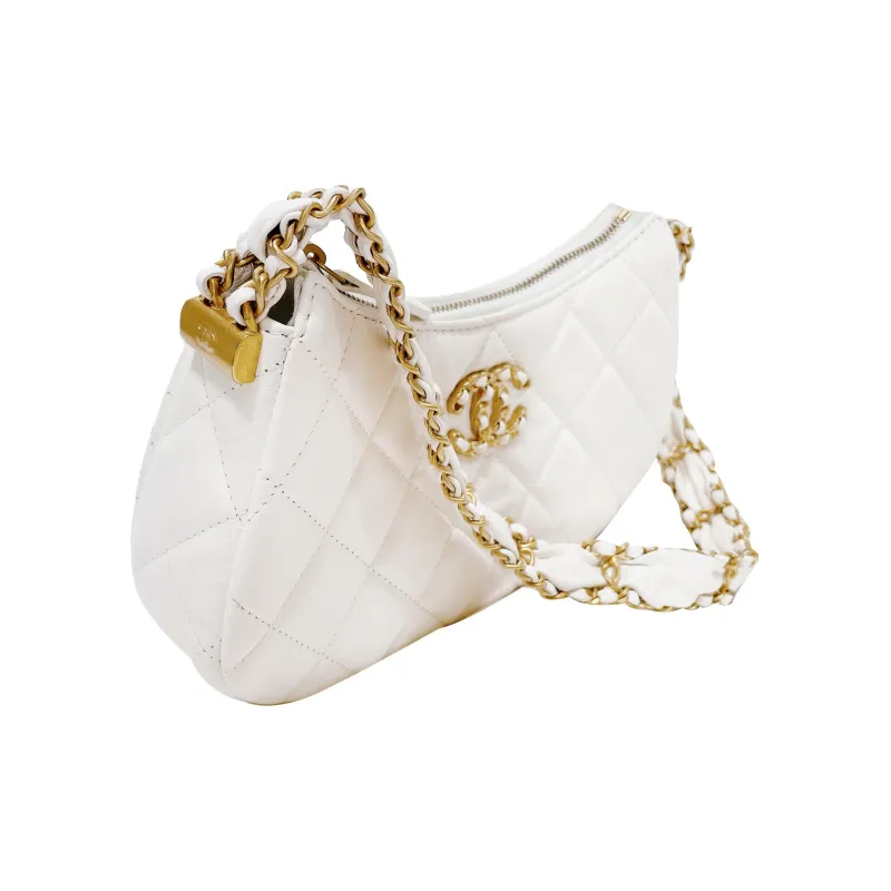 CHANEL Cow Leather Shoulder Bag, Hobo Bag, Handbag Women's White-1