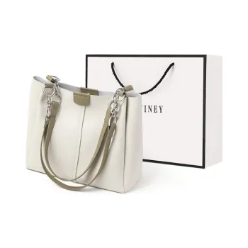 VINEY Cow Leather Tote Bag, Shopping Bag, Shoulder Bag Large Size Women's White & Green