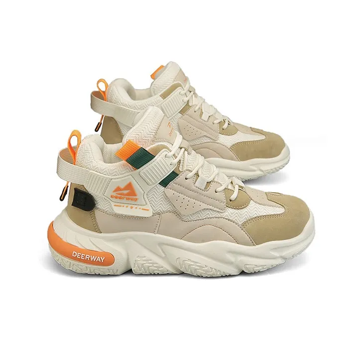 DEERWAY Durable Breathable Mid Top Casual Shoes Men's Beige Apricot-2
