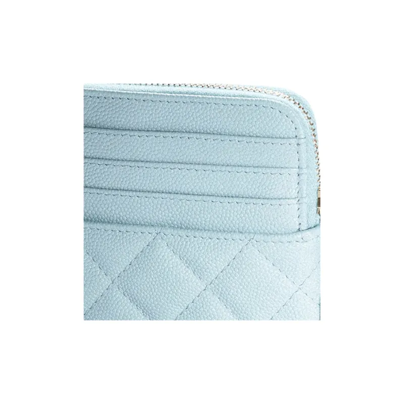 CHANEL Shiny Grain Calfskin Zippers Card Holder Clutch Wallet Women's Blue-3