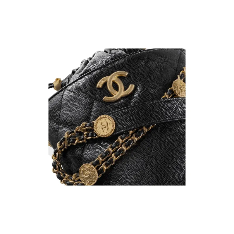 CHANEL Grain Embossed Caviar Cow Leather Bucket Bag, Shoulder Bag, Crossbody Bag Trumpets Women's Black-3