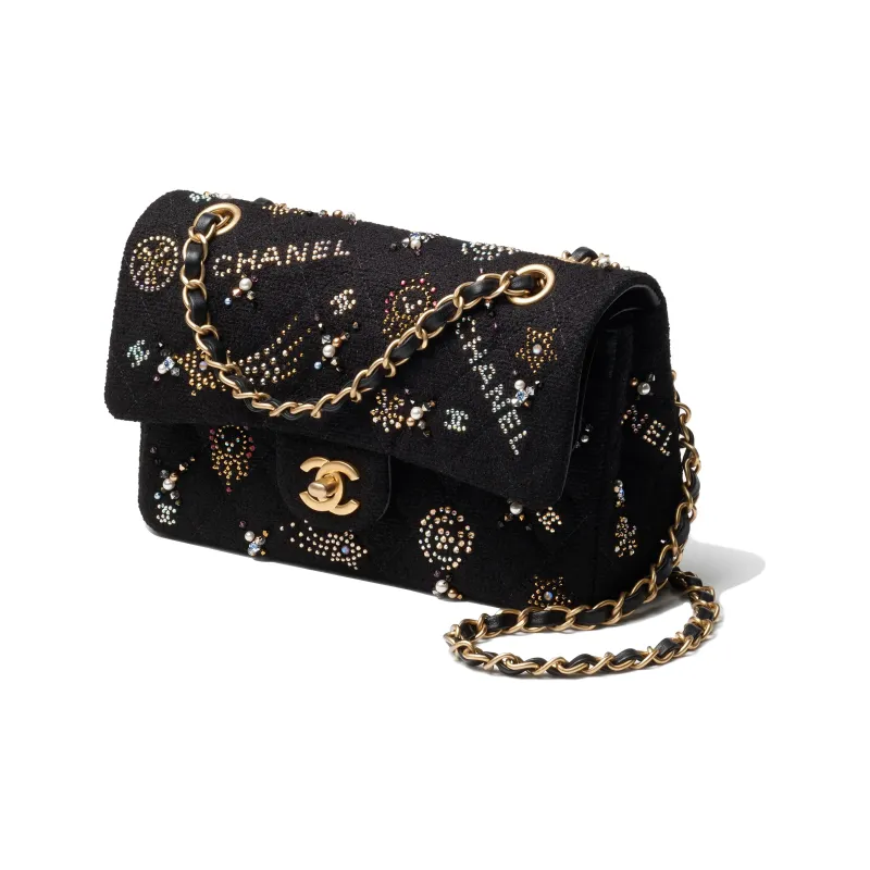 CHANEL Classic Flap CF Twill Soft Woolen With Rhinestone Patchwork Shoulder Bag, Crossbody Bag Trumpets Women's Black-1