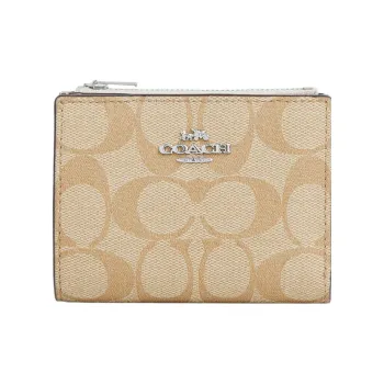 COACH Bifold Canvas With Leather Coin Purses Wallets Women's Beige Yellow