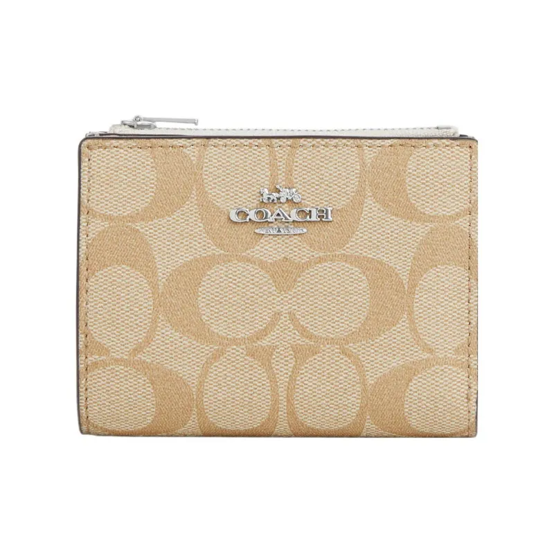 COACH Canvas With Leather Coin Purse Wallet Women's Beige Yellow-0