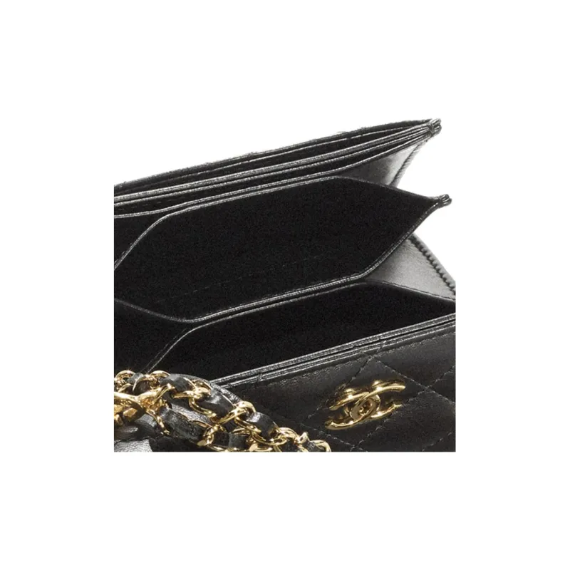 CHANEL Sheepskin And Gold Metal Card Holder Women's Black-5