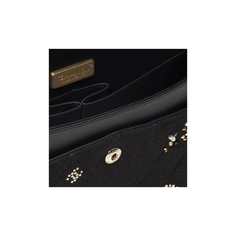 CHANEL Classic Flap CF Twill Soft Woolen With Rhinestone Patchwork Shoulder Bag, Crossbody Bag Trumpets Women's Black-3