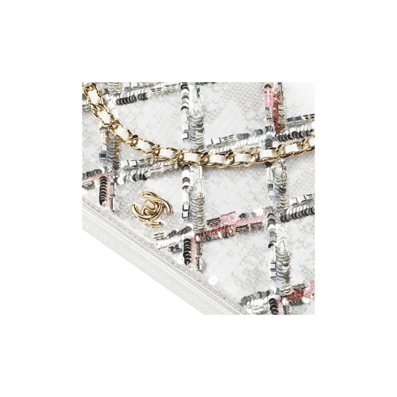 CHANEL Embroidered Silk Satin Sequins And Gold Metal Crossbody Bag Women's White-3